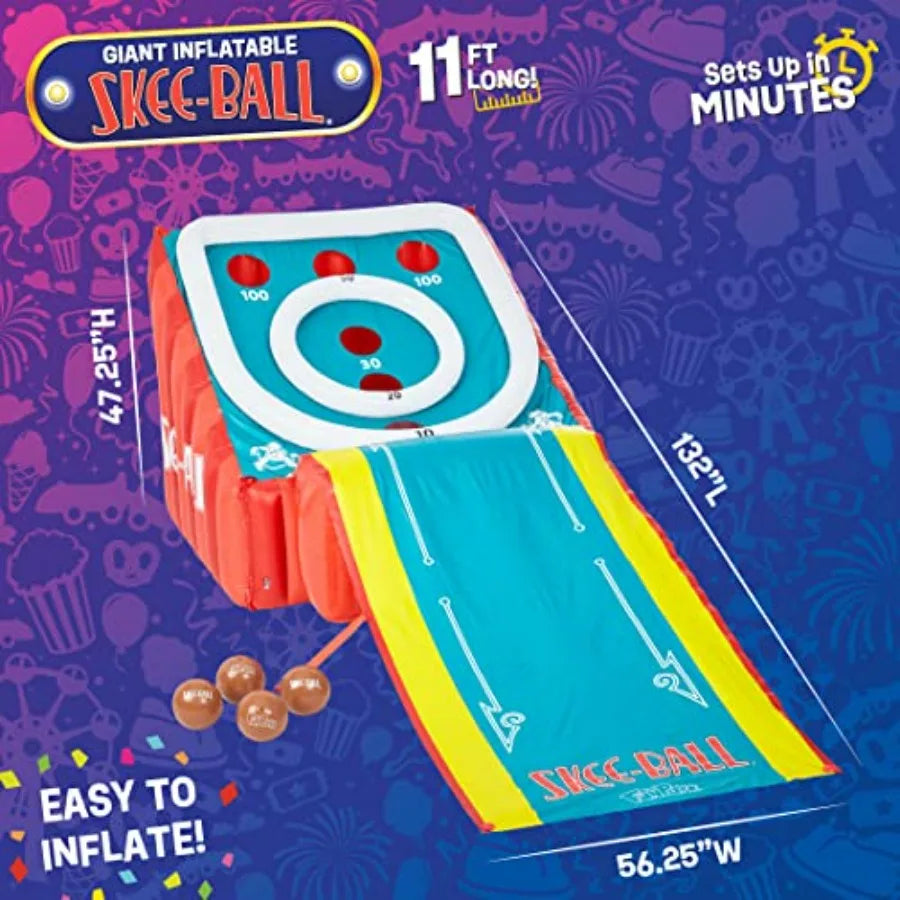 11 Ft Inflatable Skee-Ball Game with 4 Balls and Electric Pump for Backyard Indoor Outdoor Family Fun; Giant Arcade Toy in Blue
