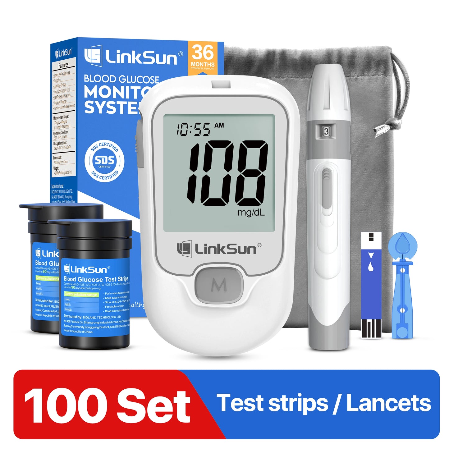 G-425-1 LinkSun Blood Glucose Meter Kit 50/100pcs Test Strips Lancets for Diabetes Monitor Digital Glucometer Blood Sugar Meter