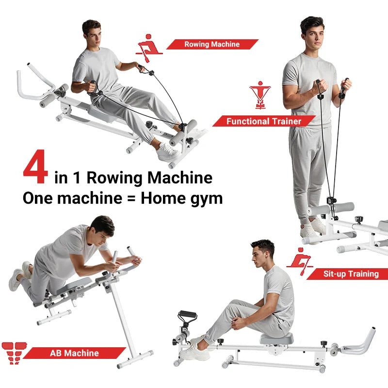 UMAY 4-in-1 ab-trainer combined rowing machine with adjustable height levels, elastic band attached abdominal machine.