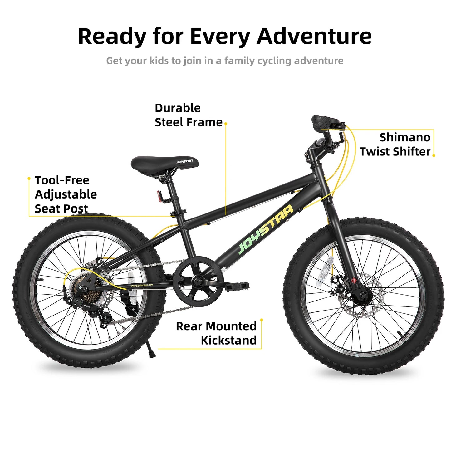 JOYSTAR 20 Inch Mountain Bike for Kids Ages 7-12 Year Old, Fat Tires, 7 Speed Shimano Drivetrain, Disc Brakes, Fat Tire, Black