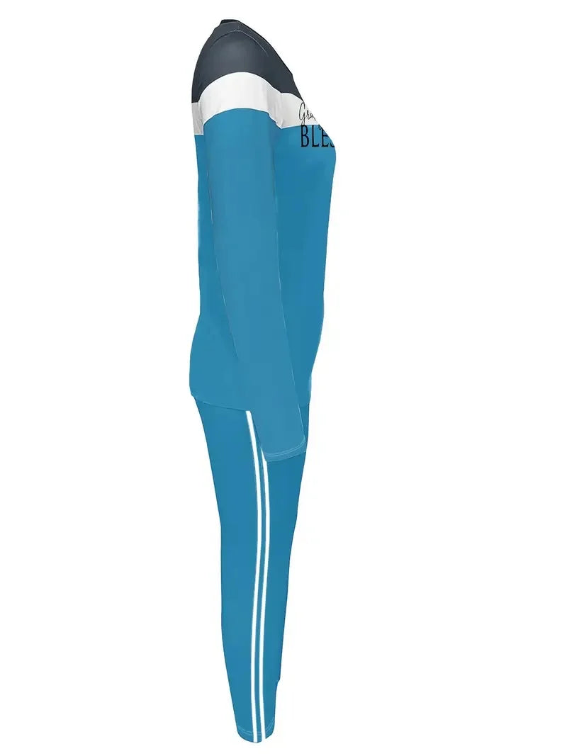 Plus Size Women's Casual Suit, Fashionable Letter Print Striped Color-Blocked Two-Piece Set