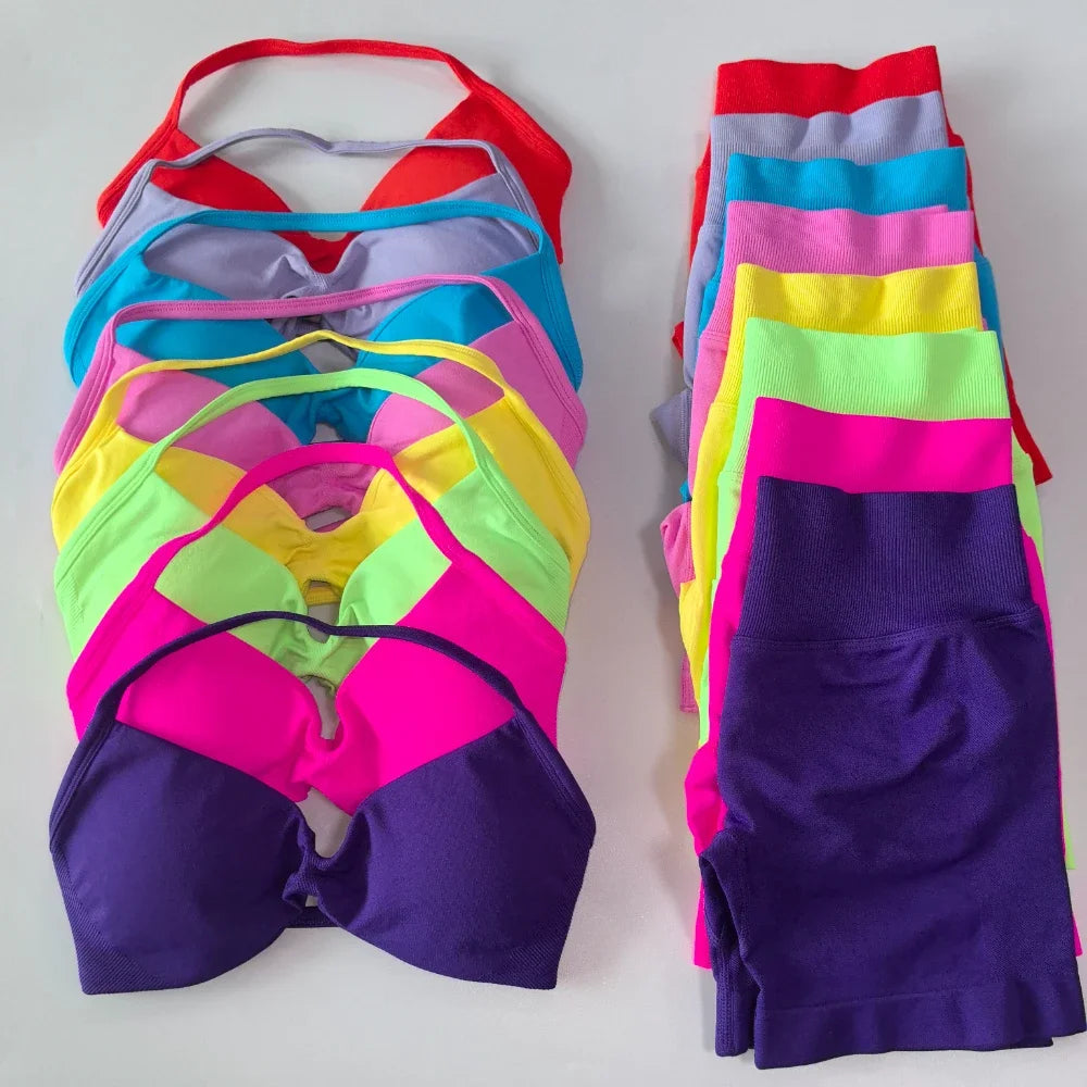 Yoga Strappy Bra Leggings Gym Set Women's Seamless High Elastic Gym Bra Vest Buttock lift Shorts Set Daily Exercise Sports Set