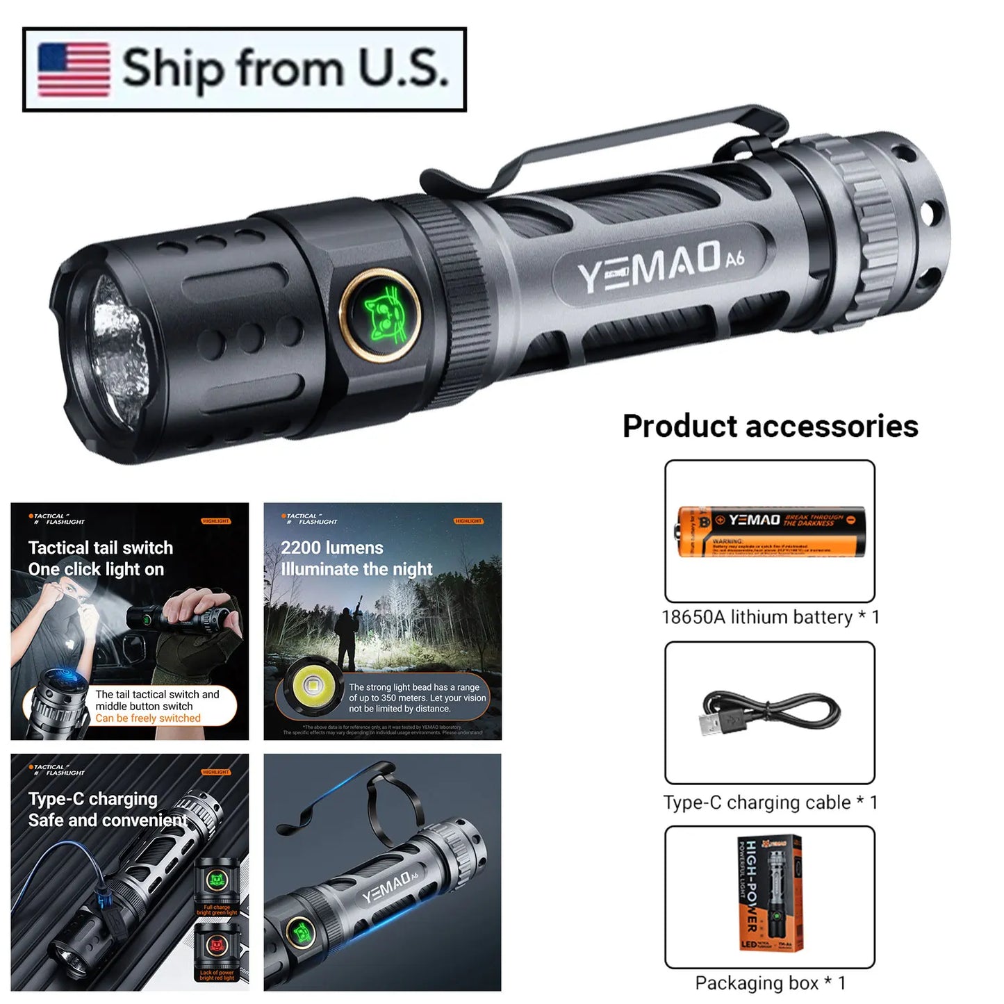 YEMAO F337X Powerful Led Flashlight 7 XTE Leds 3000 Lumens 200 Meters 18650 Battery Multi-color Auxiliary Lights EDC Torches