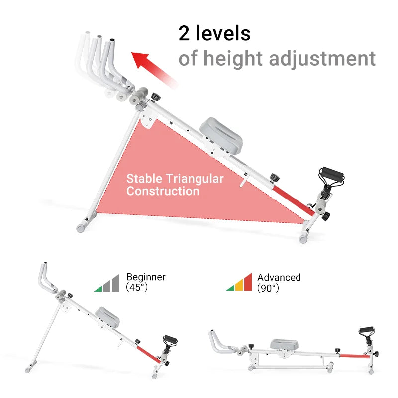 UMAY 4-in-1 ab-trainer combined rowing machine with adjustable height levels, elastic band attached abdominal machine.