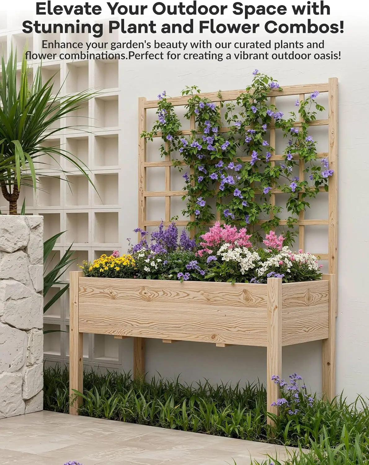 Elevated Garden Bed w/Trellis & Liner - 65" Tall Steel Planter for Veggies, Herbs & Flowers - Patio/Balcony/Backyard