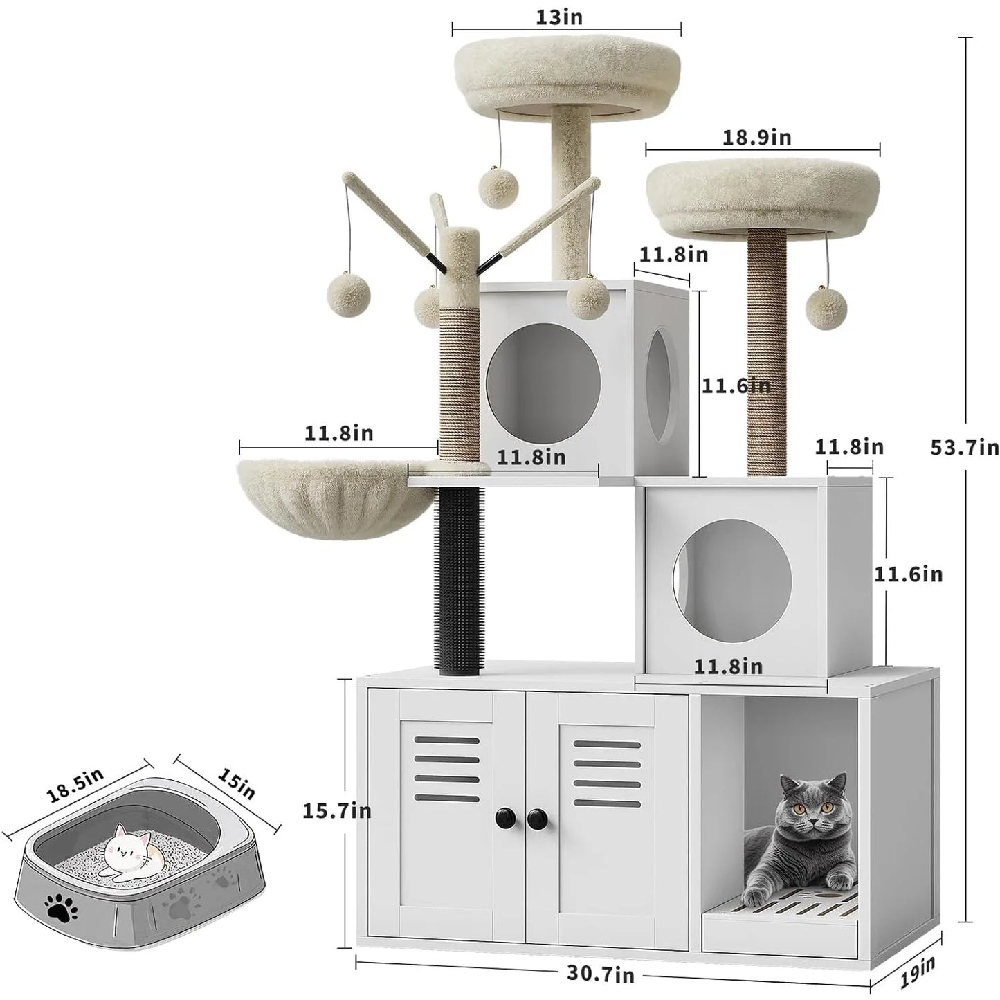 3-in-1 Cat Litter Box Enclosure With Cat Tree Tower Hidden Washroom Furniture Sisal Scratching Post & Plush Perch