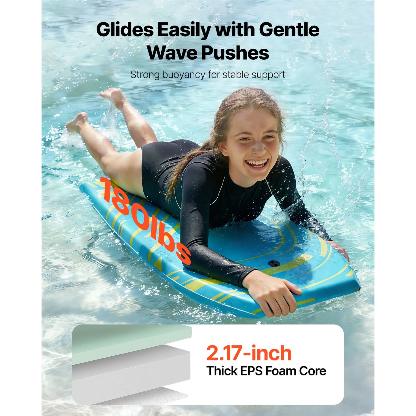 SucceBuy 42-Inch Bodyboard Body Board Trainer with EPS Foam Core & Wrist Leash UV-Resistant for Beginners Youth Up to 180 lbs