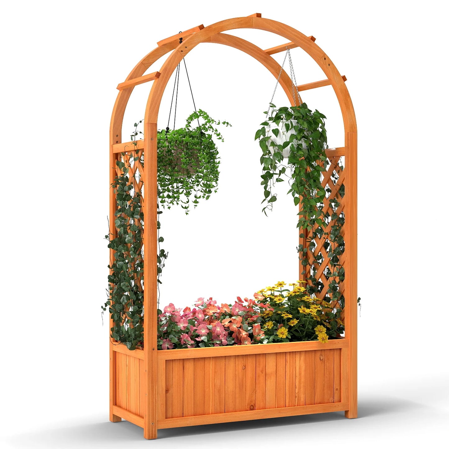 Raised Garden Bed Wooden Elevated Planter Box w/ Lattice Trellis & Ached Roof