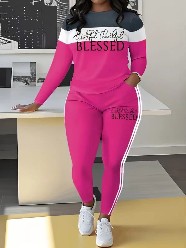 Plus Size Women's Casual Suit, Fashionable Letter Print Striped Color-Blocked Two-Piece Set