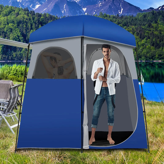Double-Room Camping Shower Toilet Tent with Floor Oversize Portable Storage Bag
