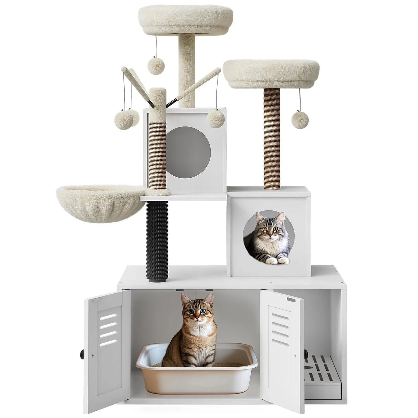 3-in-1 Cat Litter Box Enclosure With Cat Tree Tower Hidden Washroom Furniture Sisal Scratching Post & Plush Perch