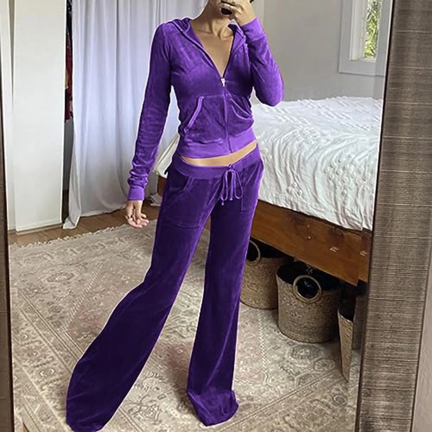 Women Velvet Jogging Suit Autumn Casual Velour Hoodie Cropped Top Jacket With Wide Leg Pants Tracksuits Women's Two Piece Set