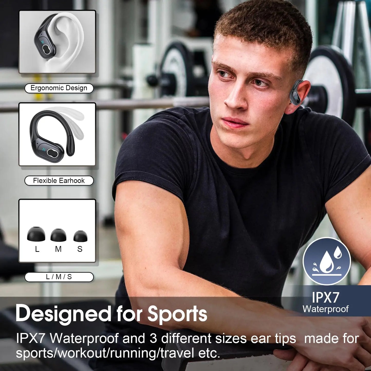 Wireless Earbuds Bluetooth 5.4, 75H Playtime Hi-Fi Stereo Deep Bass, ENC Mic IPX7 Waterproof Earhooks Sport Earphones.
