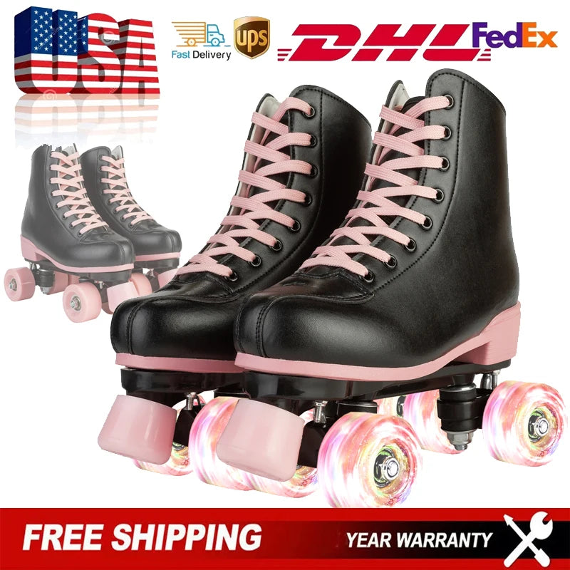 Quad Roller Skates  Adult Women Flashing 4 Wheels Skate Shoes Kids Girls Beginner Outdoor Skating Training Sneakers Size 32-40