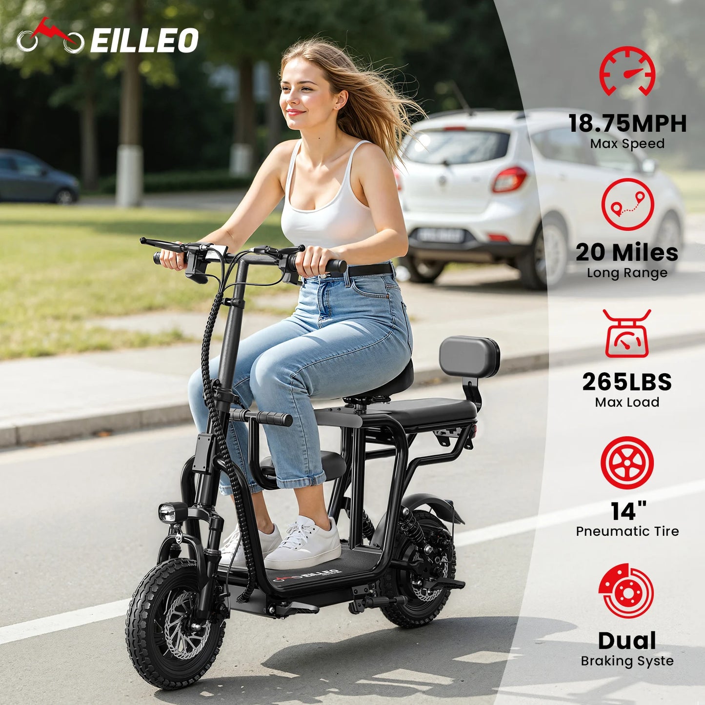 14" Foldable Electric Scooter with Seat for Adult,Peak 750W Motor with 48V 10Ah Dual Disc Brakes 20 Miles Range 4-6 Hours Charge
