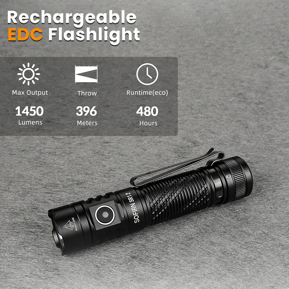 Sofirn SR12 EDC Flashlight 1450LM Powerful Light SFT25R LED 18650 USB C Rechargeable Torch IP68 Waterproof