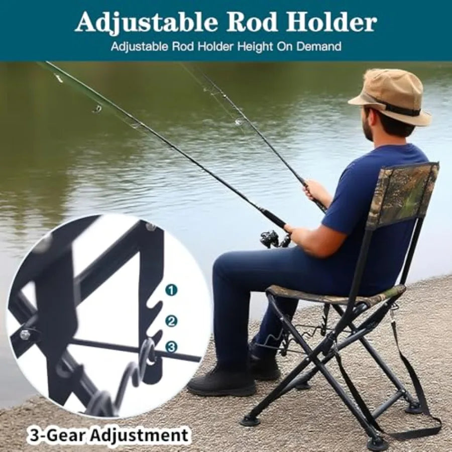 Fishing Chair with Rod Holder for Adults Outdoor Foldable Fishing Stool Portable Camping Chair with Rotating Soft Cushion Foot