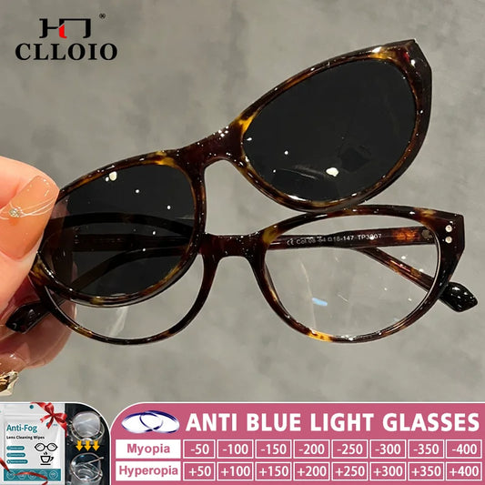 CLLOIO New Trendy Small Cat Eye Magnetic Clip Myopia Sunglasses Women Anti Blue Ray UV Protection Reading Prescription Glasses
