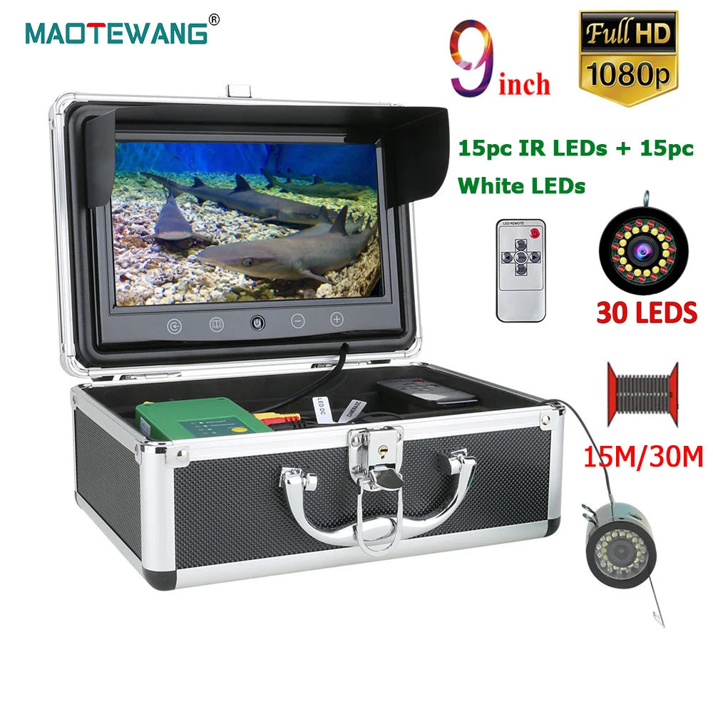 MAOTEWANG 9''HD 1080P Screen Fish Finder Underwater Fishing Camera 15pcs White LEDs +15pcs IR Lamp for River/Winter Ice Fishing