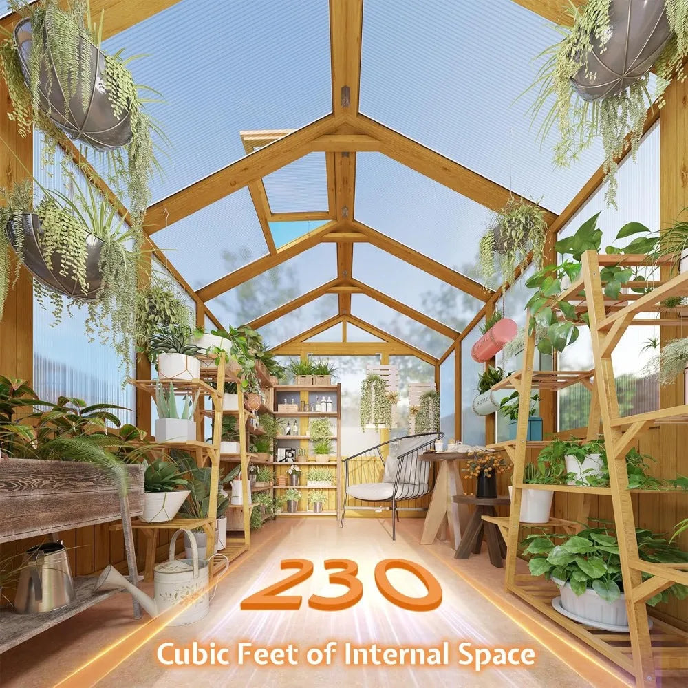 6x8x6.5 ft wooden greenhouse, pre-assembled solid cedar frame, walk-in design, lockable door, adjustable roof vents, polycarbon
