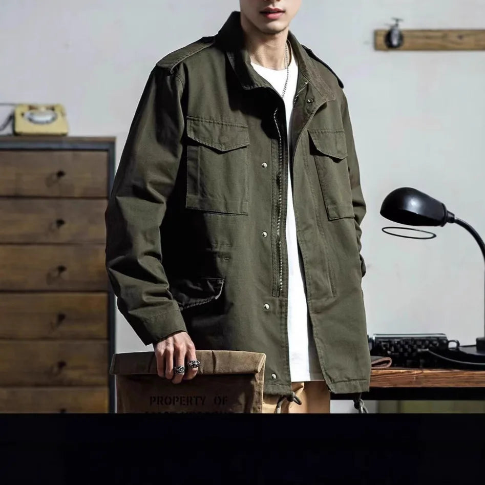 Vintage Men's Cargo Jacket Casual Solid Coat Mens Clothes Multi-Pocket Jacket Retro Jackets for Men Green Outdoor Windbreaker