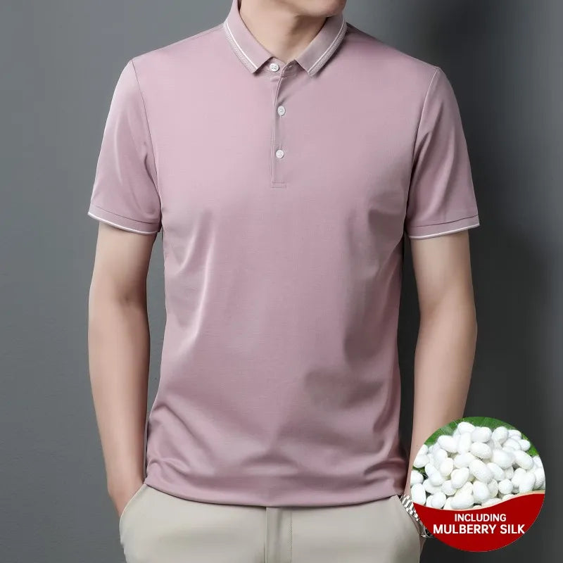 High End With Mulberry Silk New Mecerized Cotton Summer Men's Polo Shirts Short Sleeve Casual Tops Fashions Mens Clothes 2025