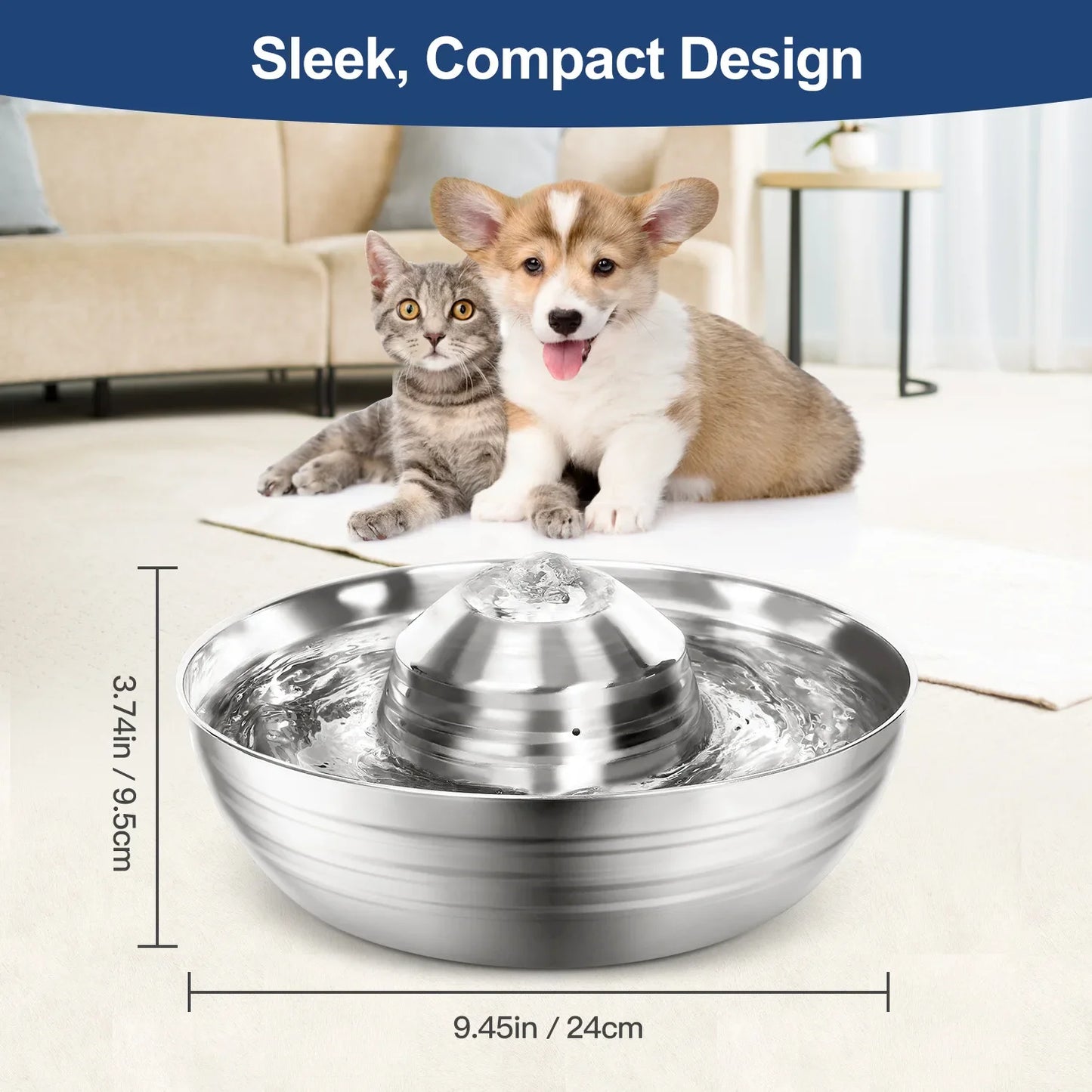Dog Cat Water Fountain Stainless Steel Pet Drinking Fountain for Cats Small Dogs 2L Ultra-Quiet Automatic Fountains Dog Drinker