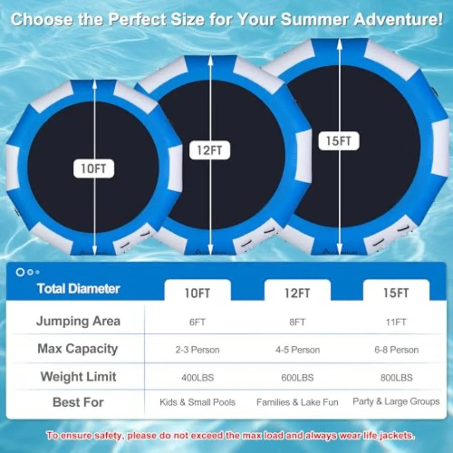 Inflatable Water Trampoline for Lake Pool Ocean 10FT 12FT 15FT Heavy Duty Floating Bounce Swim Platform with Ladder Ropes in Bl