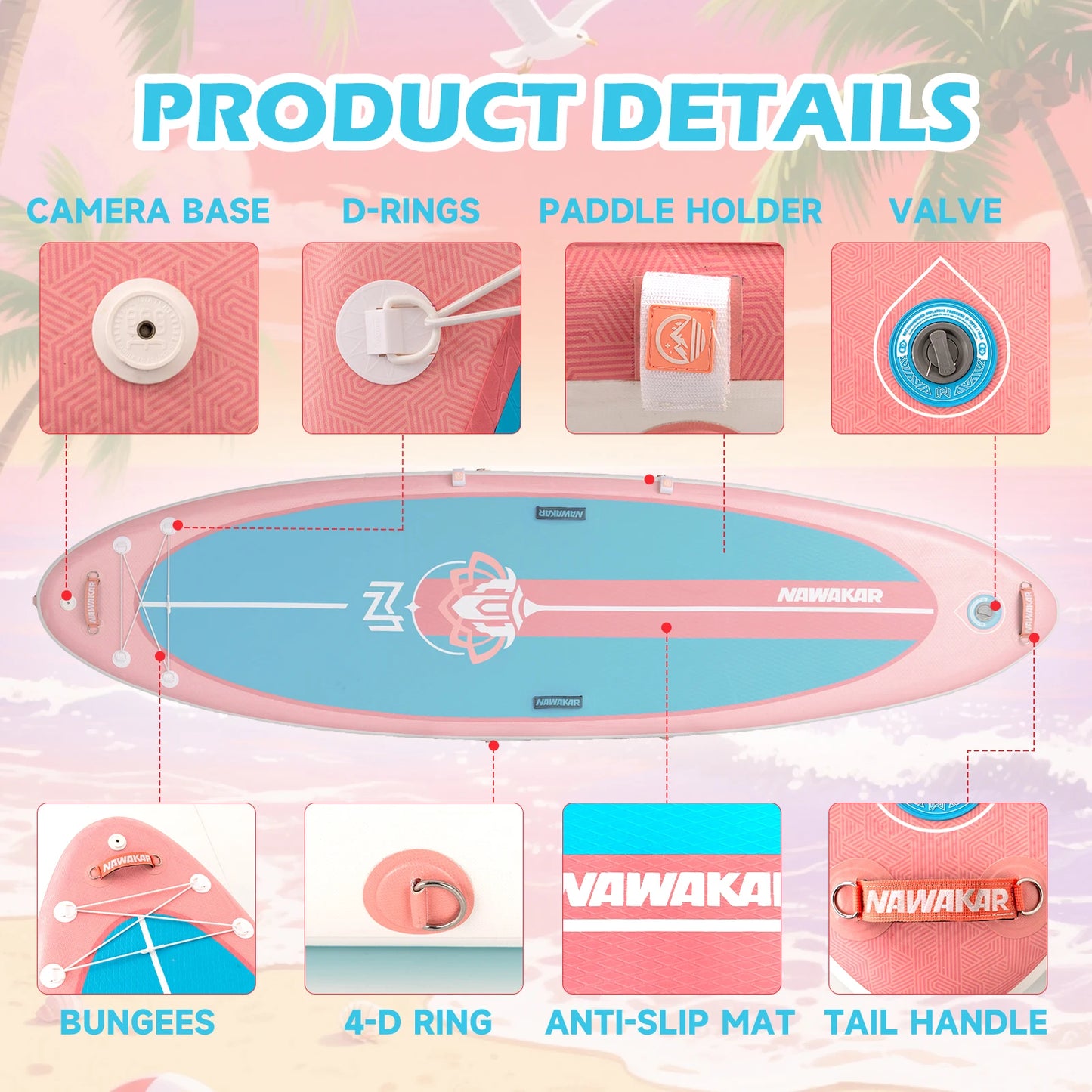 NAWAKAR 336x91x15cm Inflatable Stand Up Paddle Board Extra Wide Yoga ISUP Premium Complete Set Pink Blue Women Adults SUP Boards
