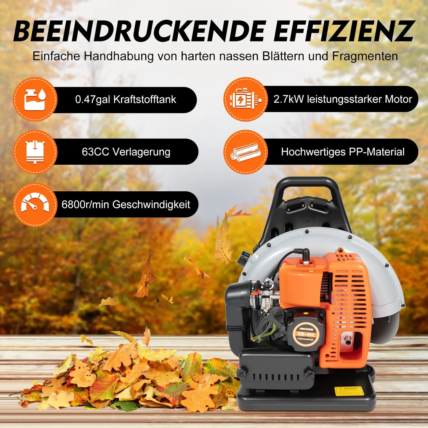 63CC 2-Stroke Petrol Backpack Leaf Blower Yard Debris Cleaner 6800RPM 2.7kW  Lightweight Air-Cooled for Outdoor Lawn Snow