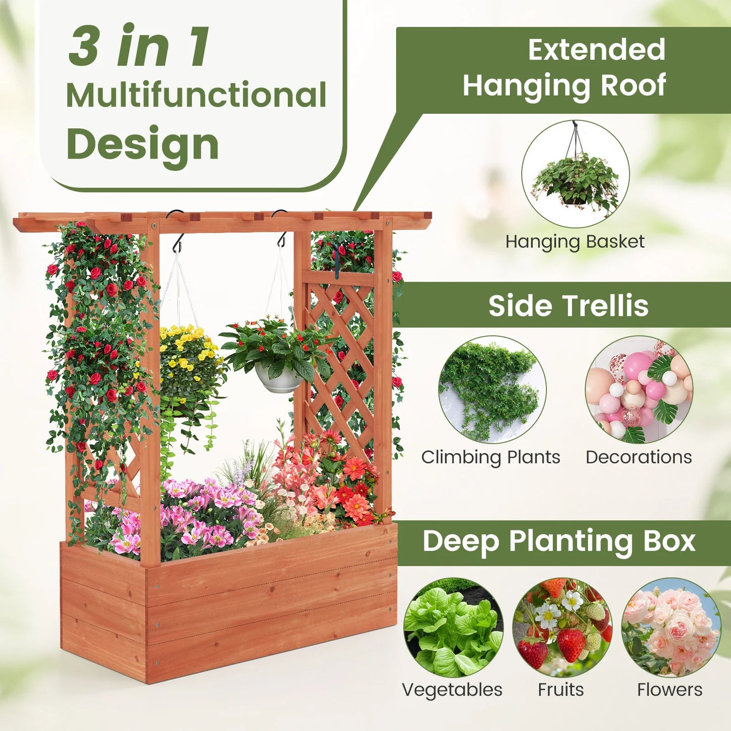 Wooden Raised Garden Bed w/Trellis & Hanging Roof Drainage Elevated Planter Box