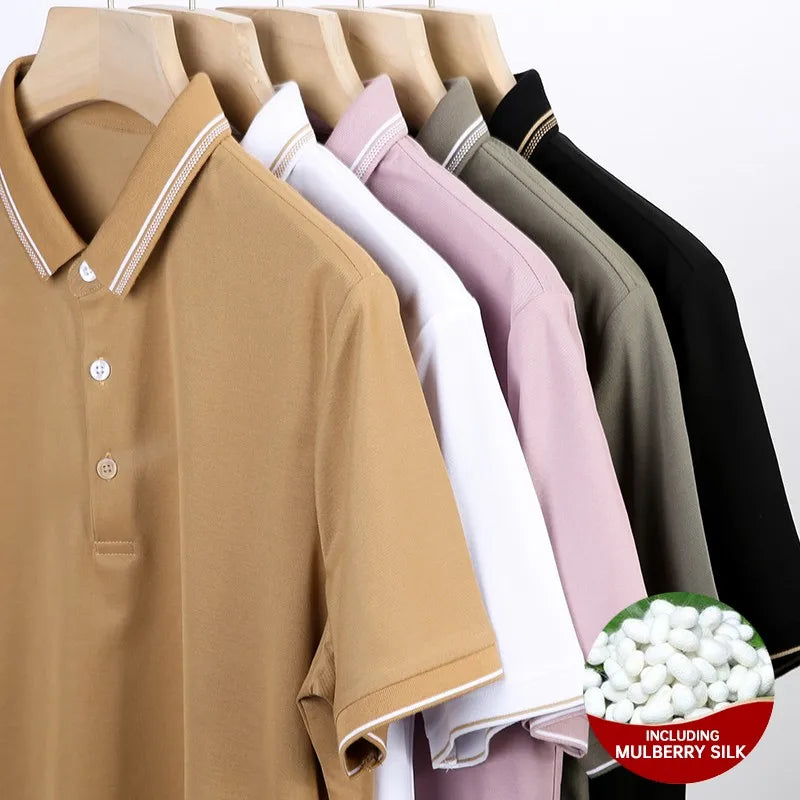 High End With Mulberry Silk New Mecerized Cotton Summer Men's Polo Shirts Short Sleeve Casual Tops Fashions Mens Clothes 2025