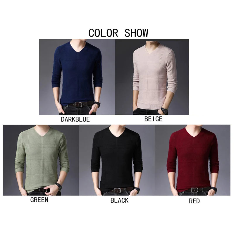 BROWON 2026 New Mens Clothes Spring Autumn Solid Color Casual V-Neck Sweaters Korean Fashion Slim Fit Long-Sleeved Sweater Men