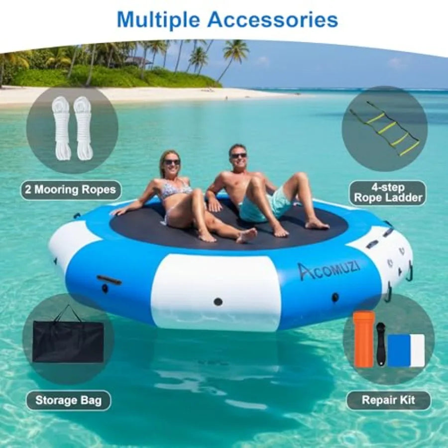 Inflatable Water Trampoline for Lake Pool Ocean 10FT 12FT 15FT Heavy Duty Floating Bounce Swim Platform with Ladder Ropes in Bl