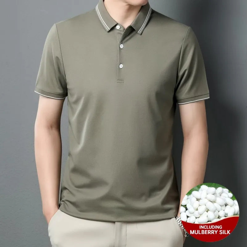 High End With Mulberry Silk New Mecerized Cotton Summer Men's Polo Shirts Short Sleeve Casual Tops Fashions Mens Clothes 2025