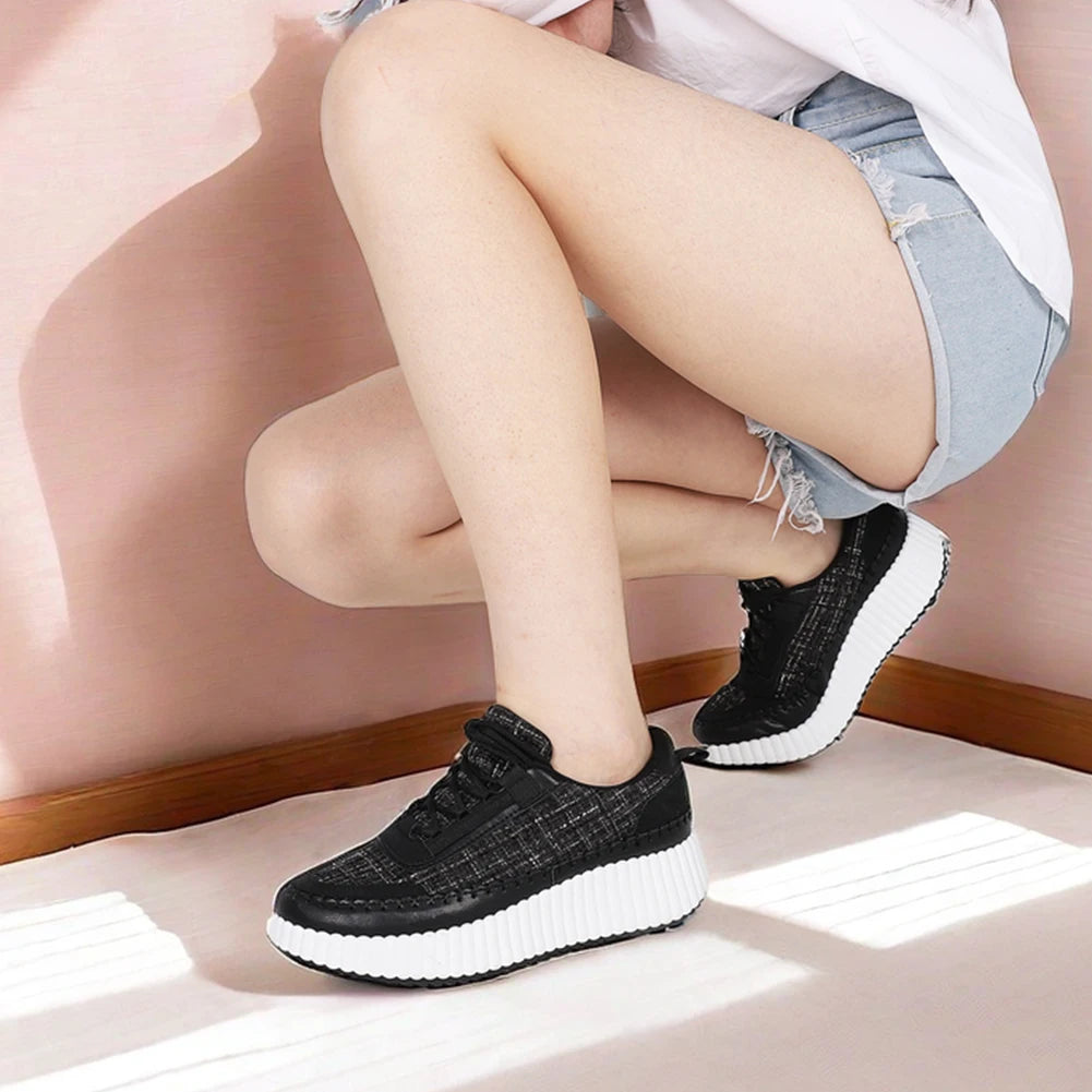 GIGIFOX Lace Up Platform Sneaker For Women Comfortable Wedge Casual Women shoes Fashion Chunky Sneakers Out door Walking Shoes
