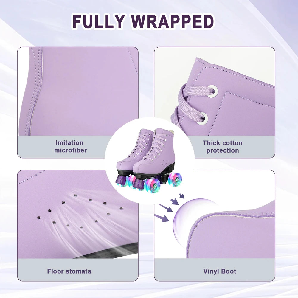 Quality Artificial Leather Roller Skates Shoes Purple Blue Roller Skates for Women with Light up Wheels Outdoor Sports Sneaker