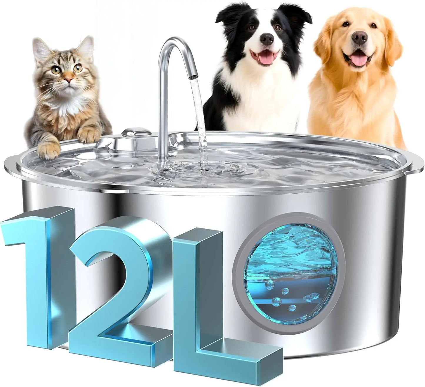 Large Pet Water Fountain: 12L Stainless Steel Bowl with Quiet Pump & Visual Water Level for Dogs Cats