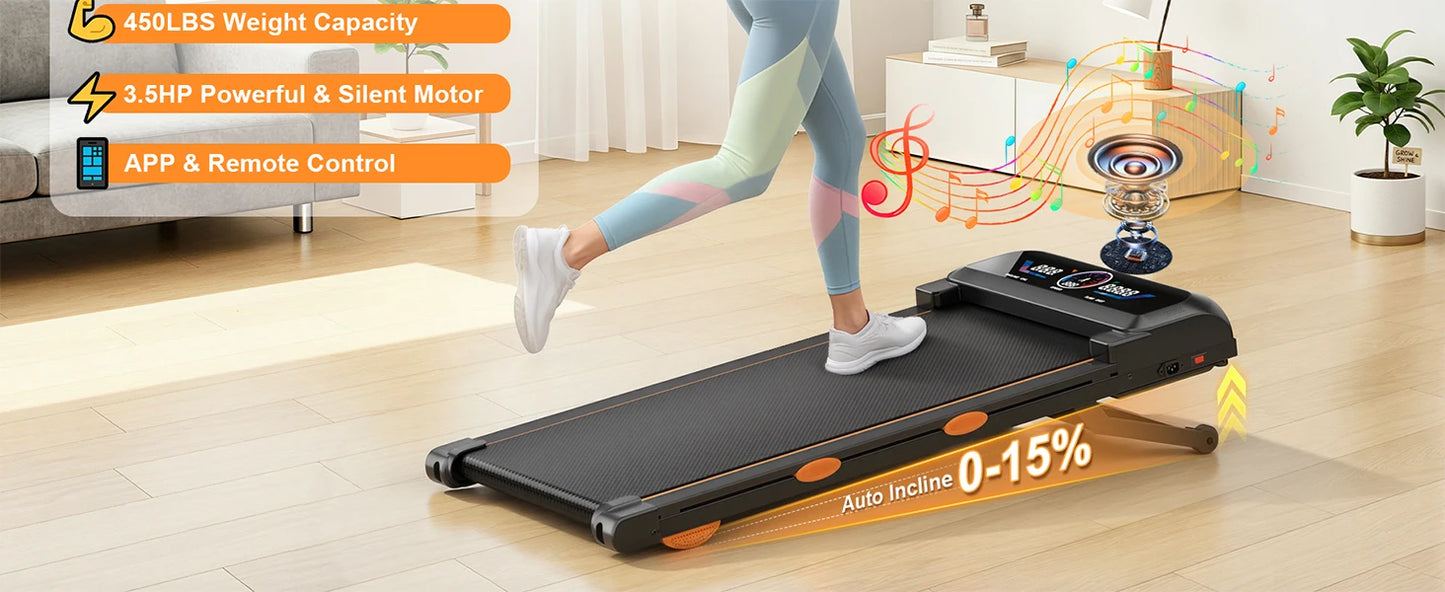 3.5HP Walking Pad Treadmill with 17% Auto Incline 12-Level,450 lbs RGB UI Screen,3 in 1 Under Desk Treadmill with Auto Incline
