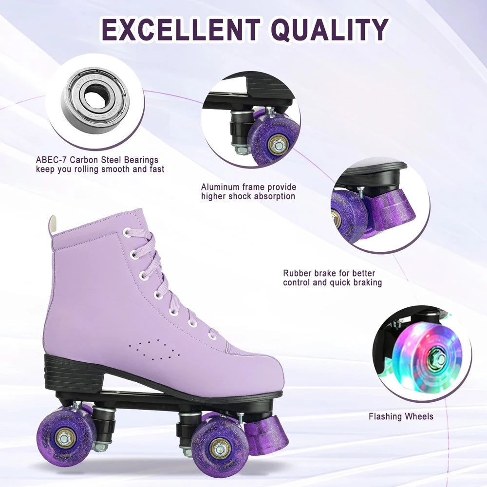Quality Artificial Leather Roller Skates Shoes Purple Blue Roller Skates for Women with Light up Wheels Outdoor Sports Sneaker