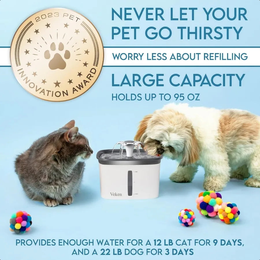 Veken Innovation Award Winner 95oz 2.8L Pet Fountain Automatic Cat Water Fountain Dog Water Dispenser with Replacement Filters