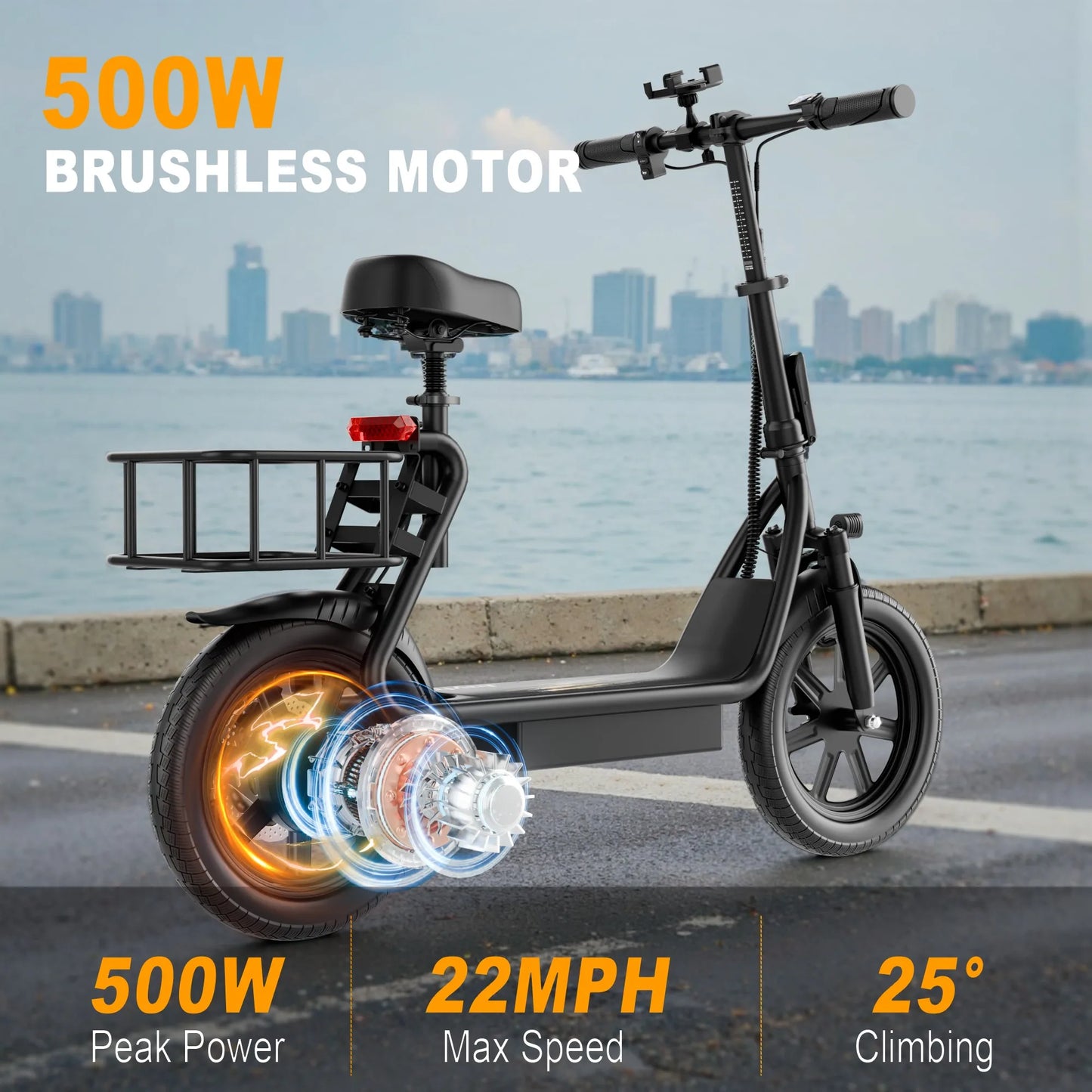 JOYHIS JH1 Electric Scooter with Seat for Adult, 20MPH Speed Power by 500W Motor, 48V/10.4Ah Wider Deck & Height Carry Basket