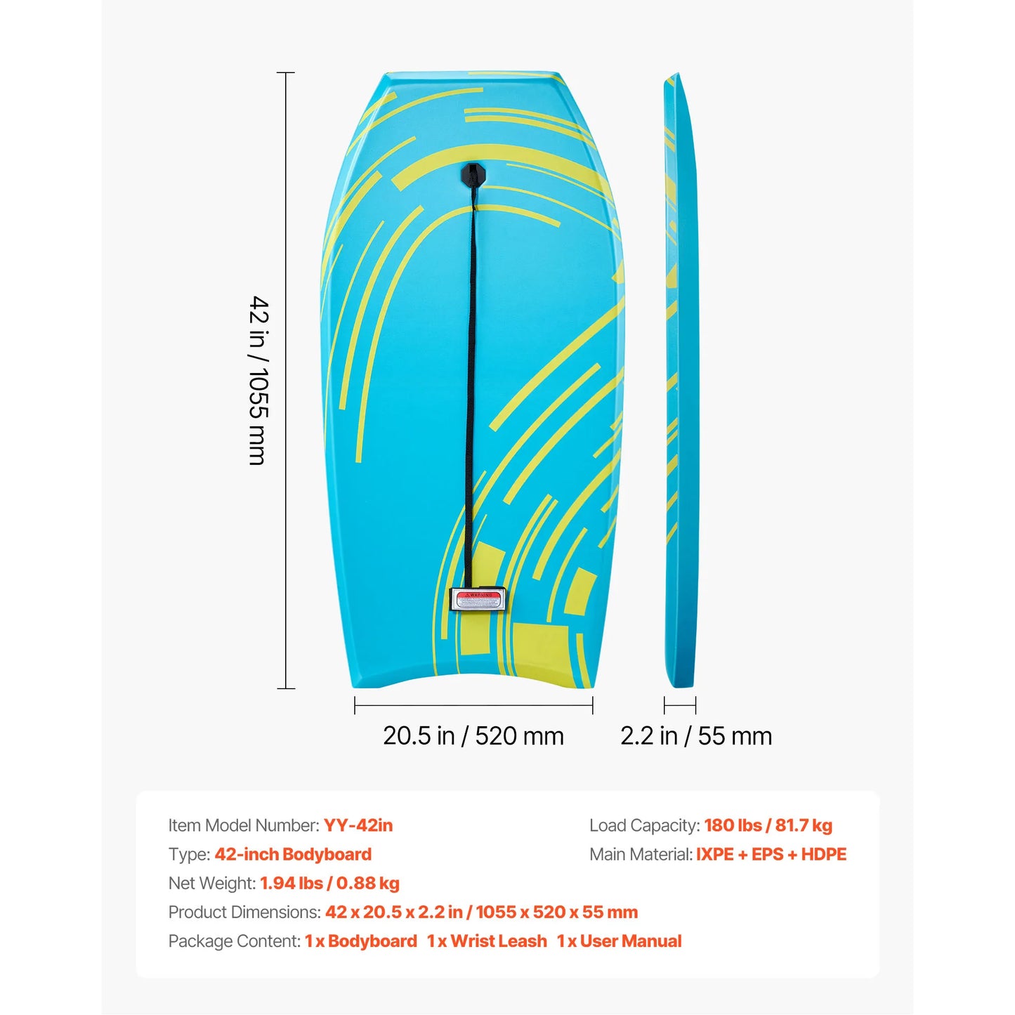 SucceBuy 42-Inch Bodyboard Body Board Trainer with EPS Foam Core & Wrist Leash UV-Resistant for Beginners Youth Up to 180 lbs