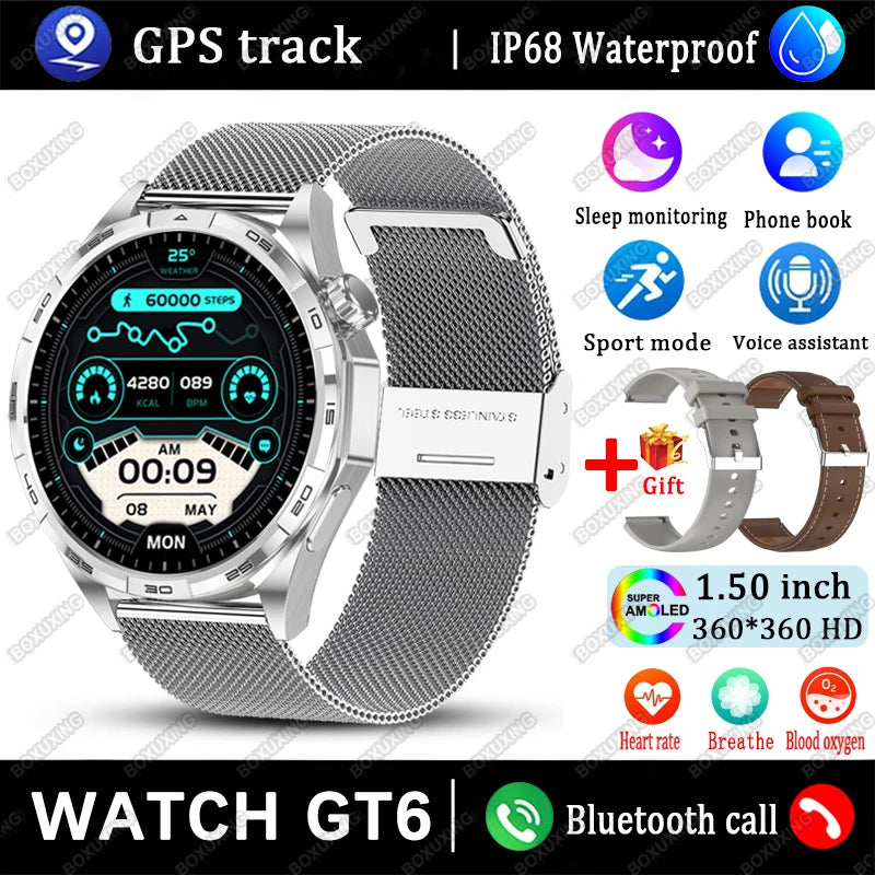 New Watch GT6 Smart Watch Men HD AMOLED Screen Always Show Time GPS Track Heart Rate Bluetooth Call Waterproof Sports Smartwatch
