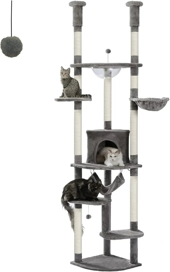 Floor to Ceiling Cat Tree 92.9’’-101.6’’ Height Adjustable Cat Tower Tall Kitty Climbing Play House with Scratching Posts