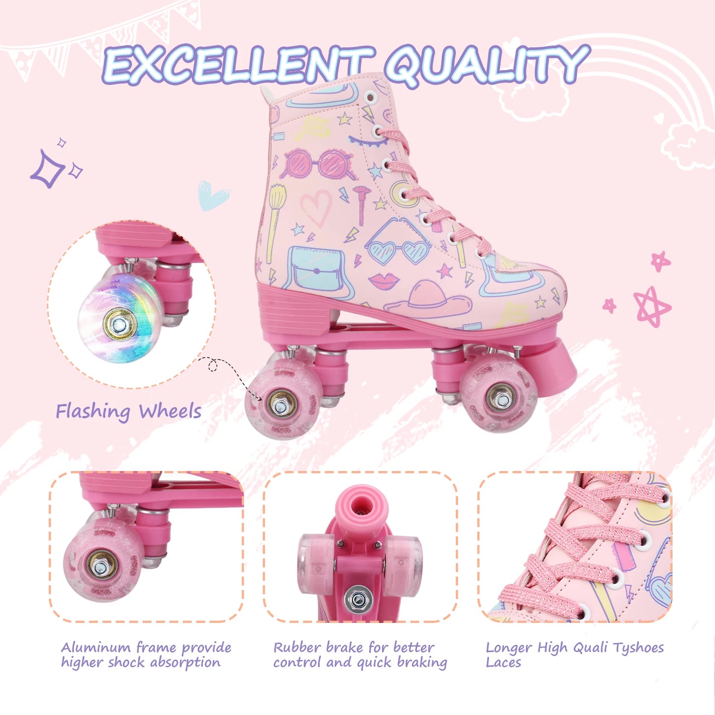 4 Wheels Skate Shoes Kids Girls Beginner Outdoor Skating Training Sneakers Quad Roller Skates Size 28-41 Adult Women Flashing