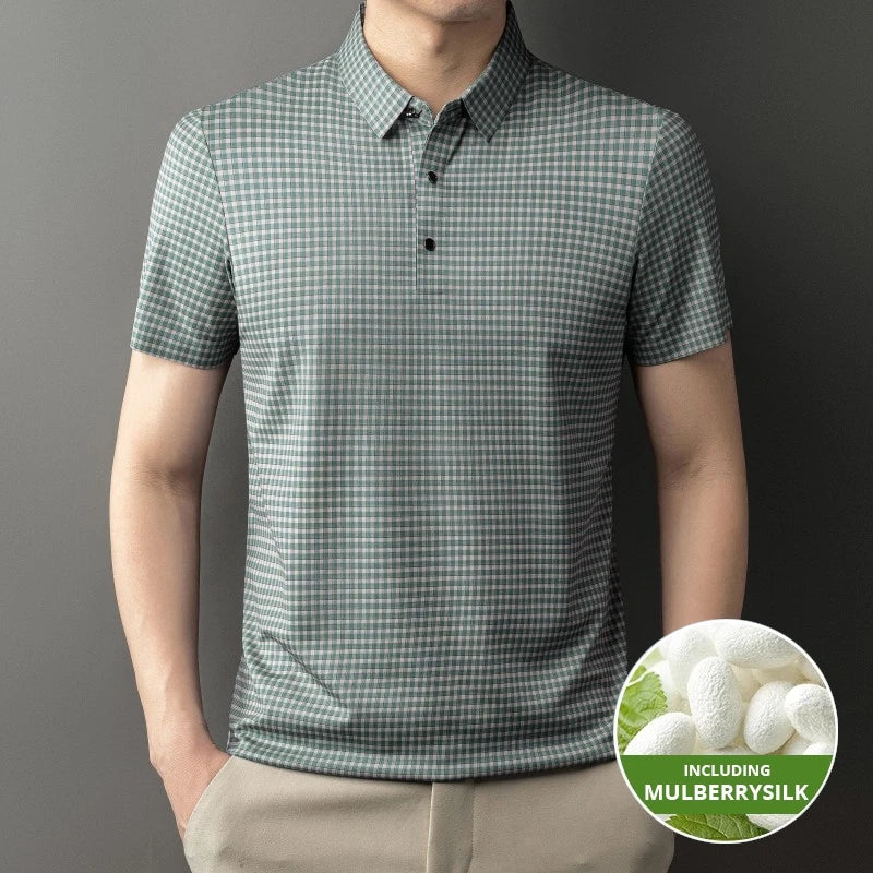 2025 Top Grade Mulberry Silk Anti-wrinkle New Summer Brand Polo Shirt Short Sleeve Casual Tops Fashions Checkered Mens Clothes