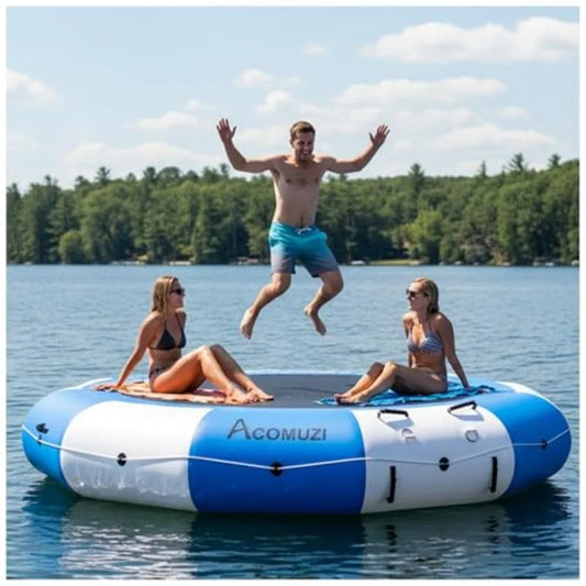 Inflatable Water Trampoline for Lake Pool Ocean 10FT 12FT 15FT Heavy Duty Floating Bounce Swim Platform with Ladder Ropes in Bl