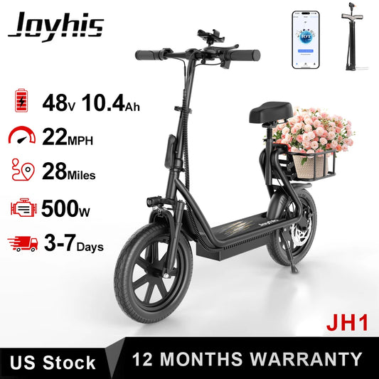 JOYHIS JH1 Electric Scooter with Seat for Adult, 20MPH Speed Power by 500W Motor, 48V/10.4Ah Wider Deck & Height Carry Basket
