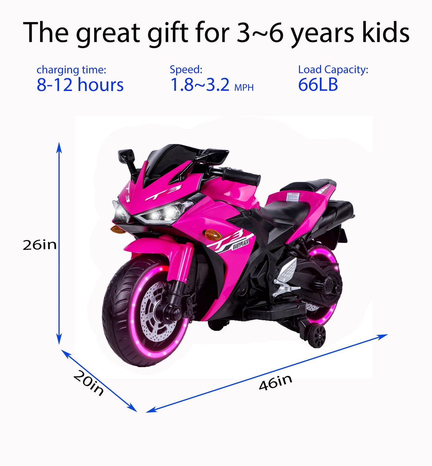 Kids Electric Motorcycle w/ Training Wheels & Manual Throttle for 3-6 Years Boys Girls Light-Up Wheels Ride-On Bike Toy Gift ﻿